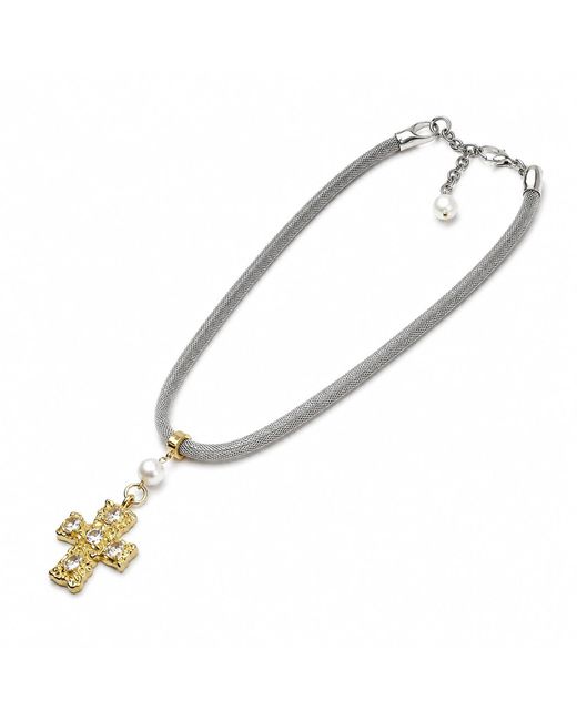 Kirei Metallic Cipher – Stainless Steel Mesh Necklace With Cross, Shell Pearl & Cubic Zirconia