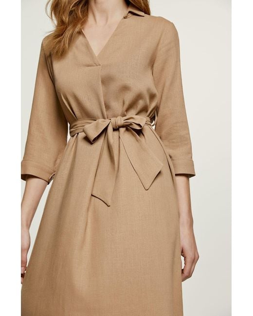 Conquista Natural Neutrals Linen Style Midi Dress With Belt