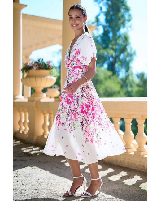 Yumi' Pink Mirror Floral Print Ruched Waist Kimono Midi Dress