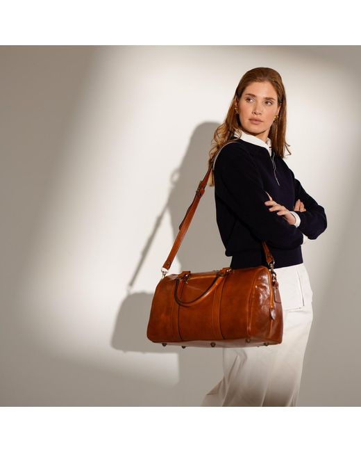 Time Resistance Brown Small Leather Overnight Bag, Duffel Bag