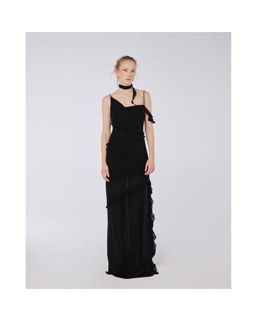 House of Ika Black Slit Ruffle Viscose Maxi Dress