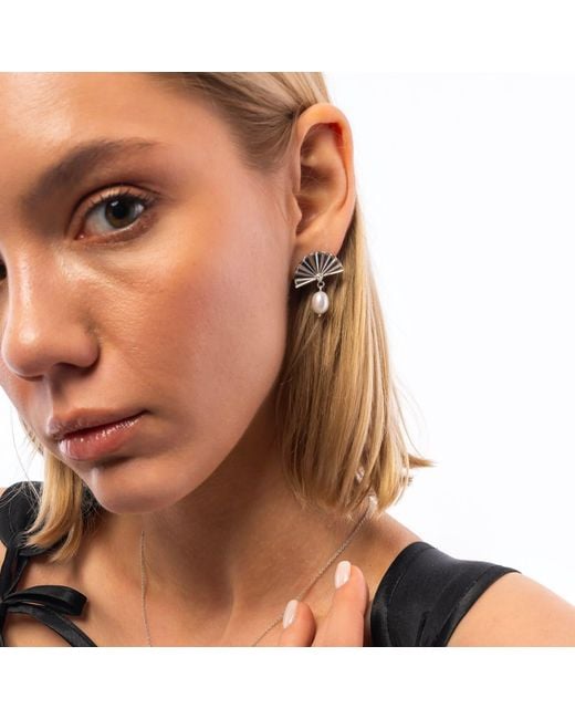 Spero London Metallic Fine Diamond Sterling Pearl Drop Fan Earrings