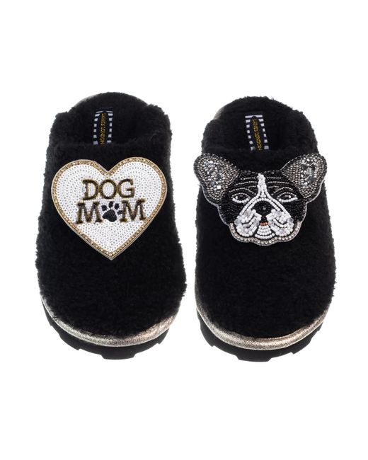 Laines London Black Teddy Closed Toe Slippers With Coco The Frenchie & Dog Mum Mom Brooches
