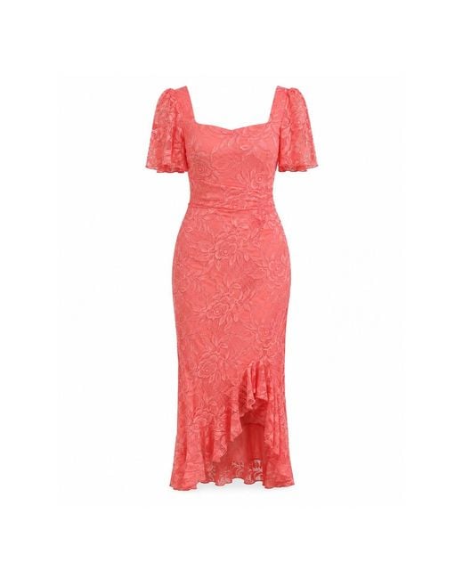 Girl In Mind Red Heidi Lace Ruched Midi Dress Coral