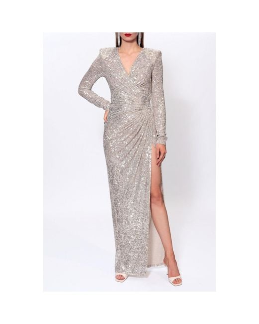 AGGI by HALEWSKI Gray Neutrals Scarlet Champagne Sequined Maxi Dress With Long Sleeves