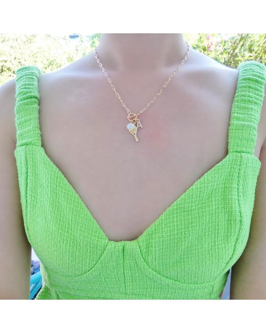 VALERIE CHIC Metallic Initial Letter Tennis Racket Pearl Ball Necklace 18K