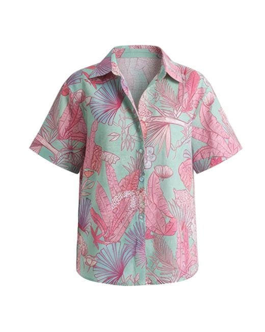 LOVEIST STORE Purple Agua Botanical Print Short Sleeve Shirt