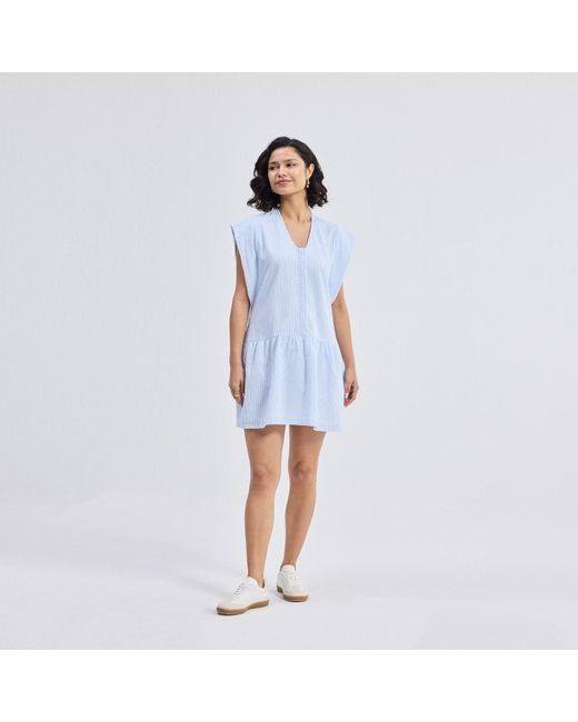 REISTOR Blue Oversized V Neck Short Dress With Frayed Sleeves