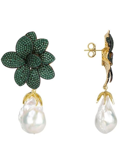 Latelita London Green Amaryllis Flower Baroque Pearl Drop Earrings