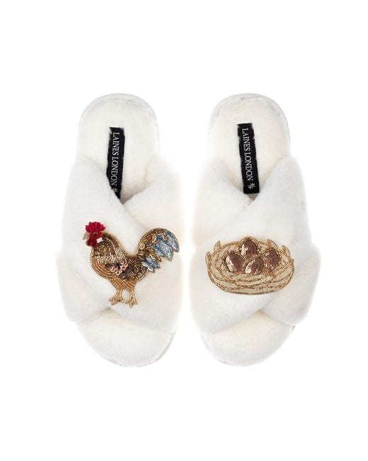 Laines London White Neutrals Classic Laines Slippers With Rooster & Nest Of Eggs Brooches