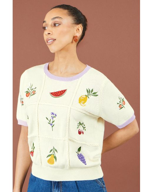 Yumi' Metallic Ivory Fruit Cotton Knitted Top