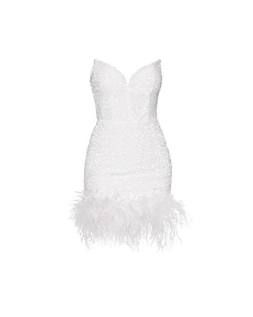 Moda Glam White Ziva Strapless Sequin Mini Dress W/ Feather Trim