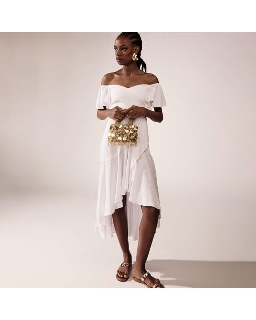ALINA CERNĂTESCU White Thalia Linen Off-Shoulder Or On-Shoulder Midi Cocktail Dress With Ruffles