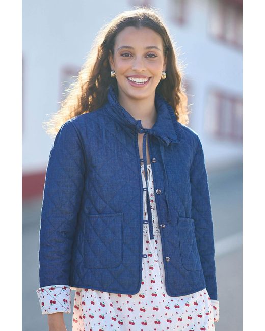 Yumi' Blue Chambray Quilted Jacket With Cherry Lining