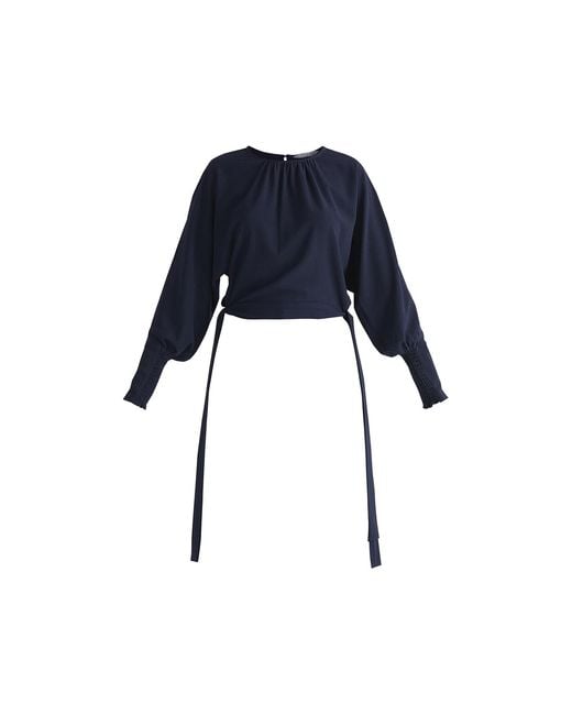 Paisie Blue Waist Tie Top With Shirred Cuffs