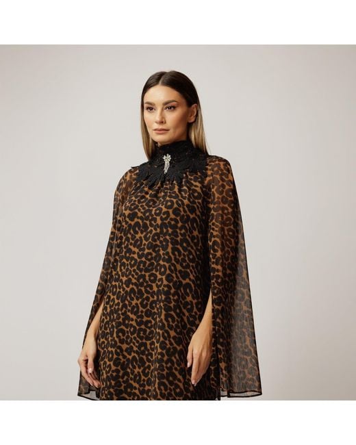 concept A trois Brown Leopard Midi Dress With Wide Sleeves
