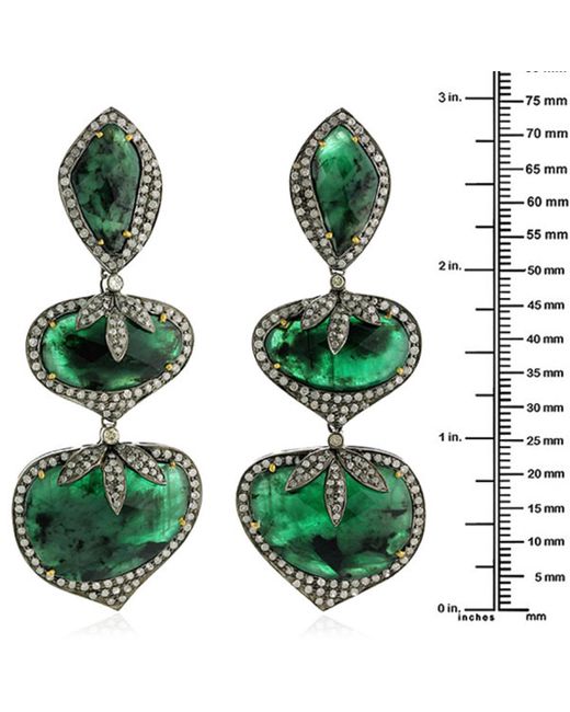 Artisan Green Natural Emerald & Diamond In 18k Yellow Gold With Silver Unique Dangle Earrings