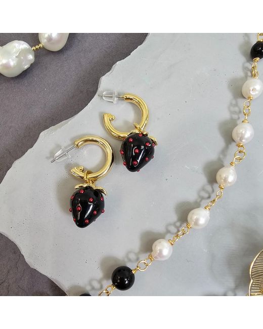 Farra Metallic Strawberry Dangle Hoop Earrings