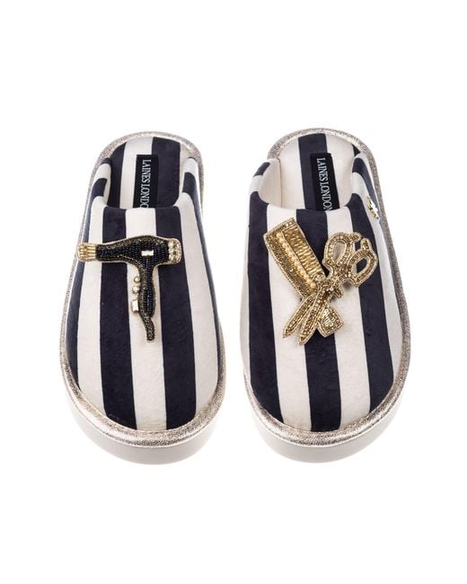 Laines London Blue Flatform Stripe Closed Toe Slippers With Hairdresser Brooches