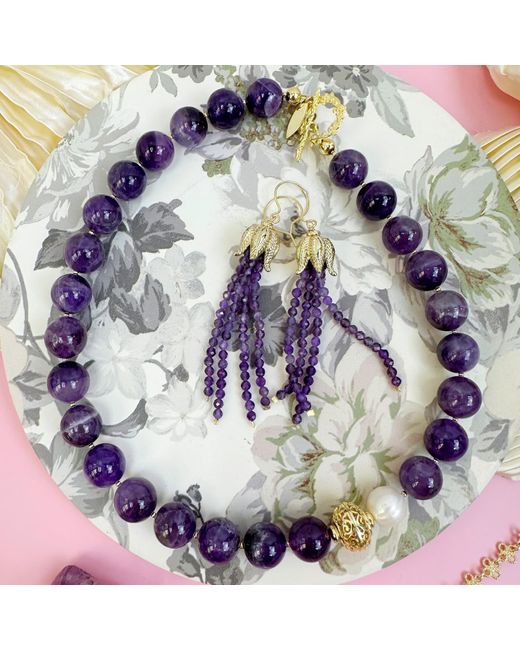 Farra Blue nugget Amethyst With Baroque Pearls Necklace