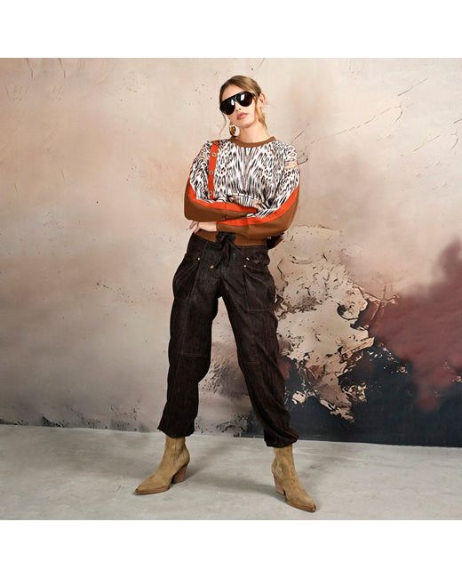 Lalipop Design Brown Animal Print Knit Sweatshirt With Button Detail