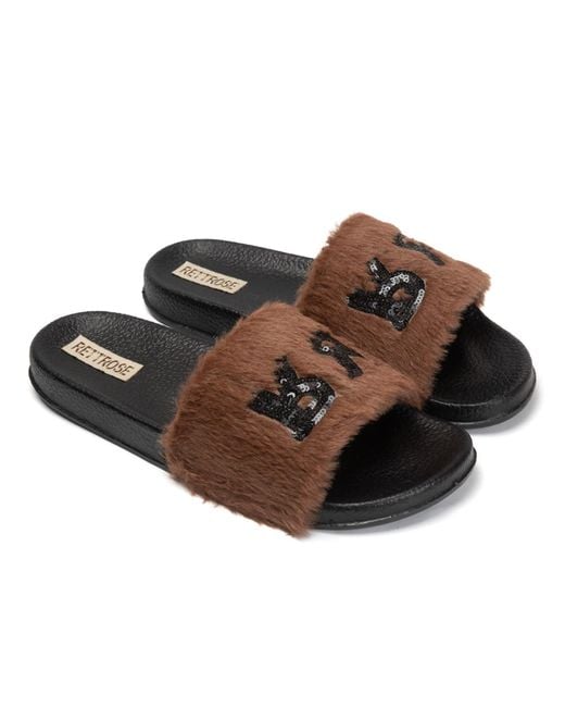 Rettrose Black Truvi Chocolate Luxury Plush Diamanté Embellished Handmade Sliders