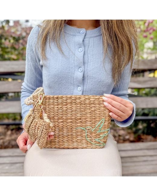LIKHÂ Brown Neutrals Handwoven Seagrass Hummingbird Wristlet Pouch With Tassels