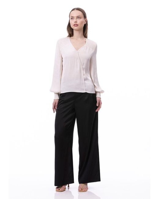 Carloslines Purple Neutrals V-Neck Bishop Sleeve Smocked Shoulder & Cuff Faux Wrap Blouse