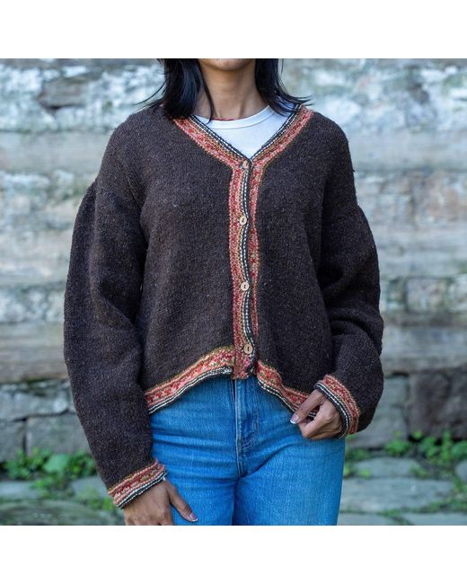 Charkha & Loom Brown Altair Wool Cardigan – Dark