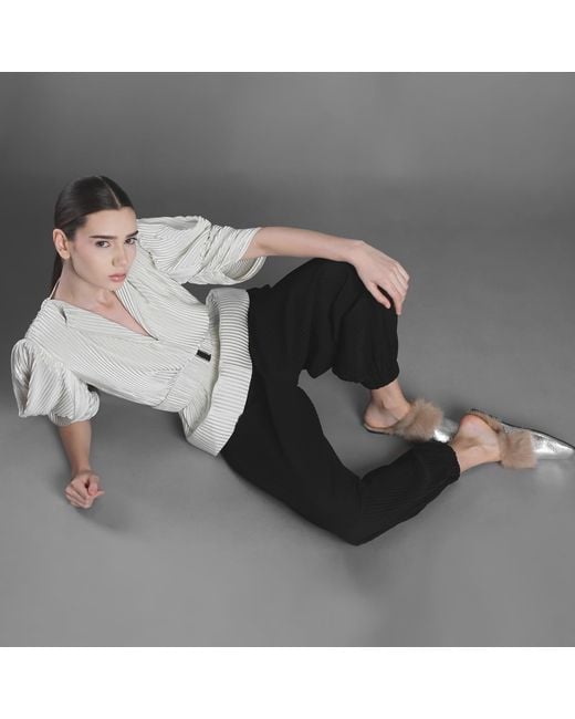 Silvia Serban Gray V-Neck Pleated Ivory Satin Blouse