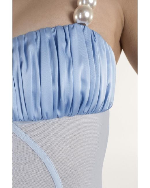 Clerestory Blue Luscia Pearl Strap Mesh-Waist Linen Mini