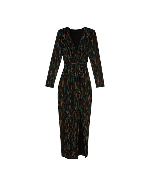 Yumi' Black Metallic Sparkle Mesh Wrap Midi Dress