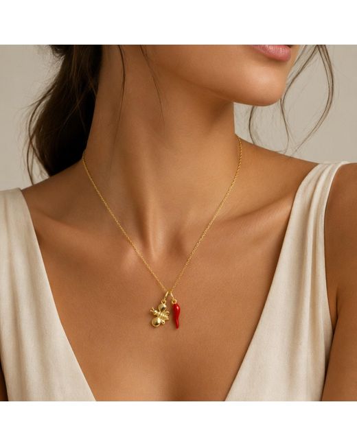 Unaloe Metallic Plated Sterling Bee And Cornicello Charm Necklace