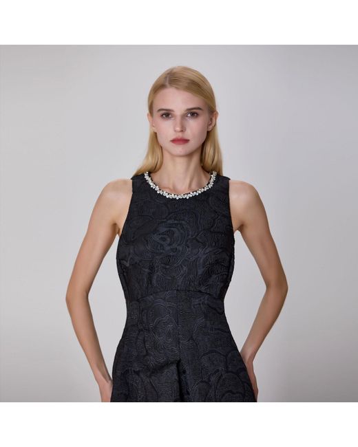 Smart and Joy Black Fit-And-Flare Collar Trim Textured Jacquard Dress