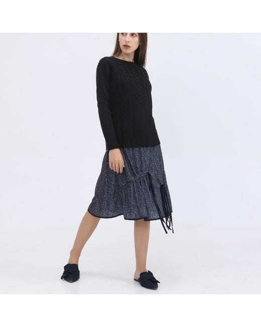 Smart and Joy Blue Trapeze Velvet Skirt With Liberty Print And Satin Bias