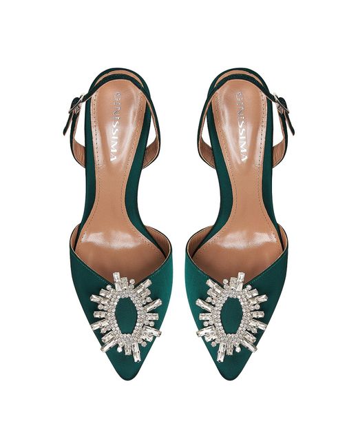 Ginissima Green Alice Emerald Shoes With Crystal Brooch