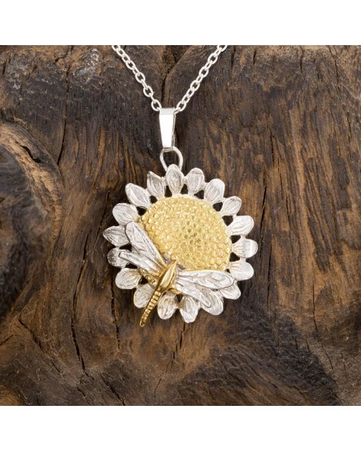 Simon Kemp Jewellers Metallic Sunlower And Dragonfly Necklace Eighteen Carat On