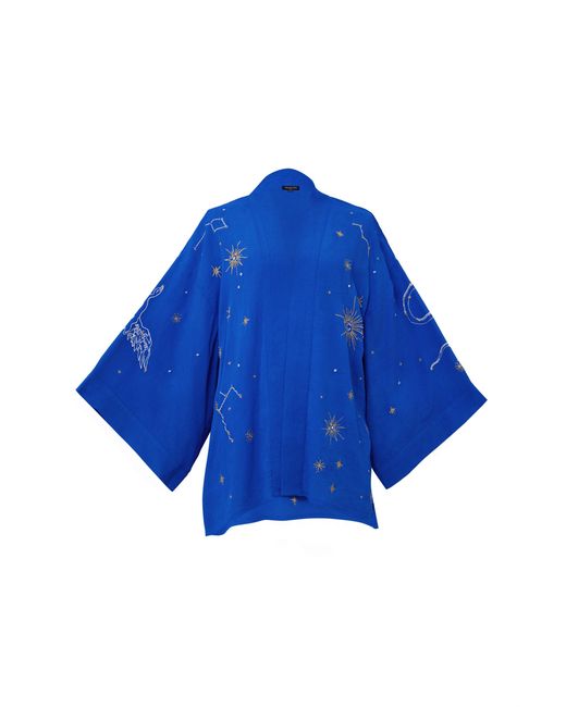 Artemis Muse Blue Cosmos Embroidered Electric, Ivory & Fully Lined Short Kimono