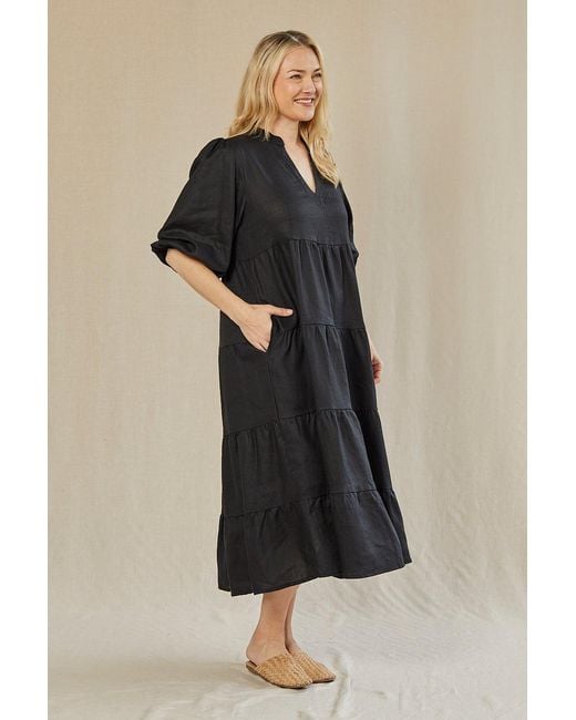 Adrift Clothing Black Sabre Linen V-Neck Dress