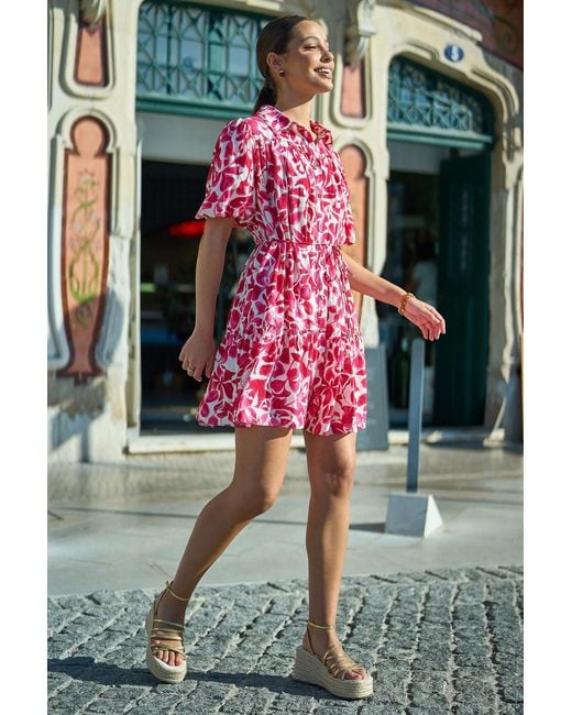 Yumi' Pink Floral Print Viscose Relaxed Shirt Dress