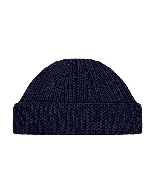 Paul James Knitwear Blue Heavyweight Extra Fine Merino Caster Fisherman Beanie for men