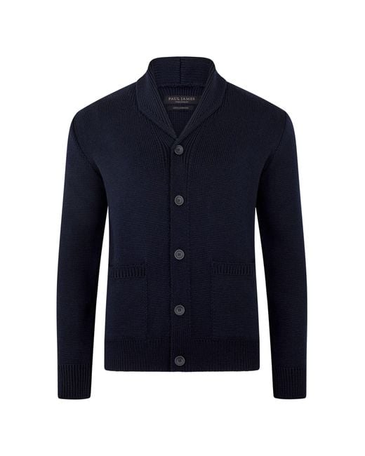 Paul James Knitwear Blue Chunky Merino Wool Marello Shawl Collar Cardigan for men