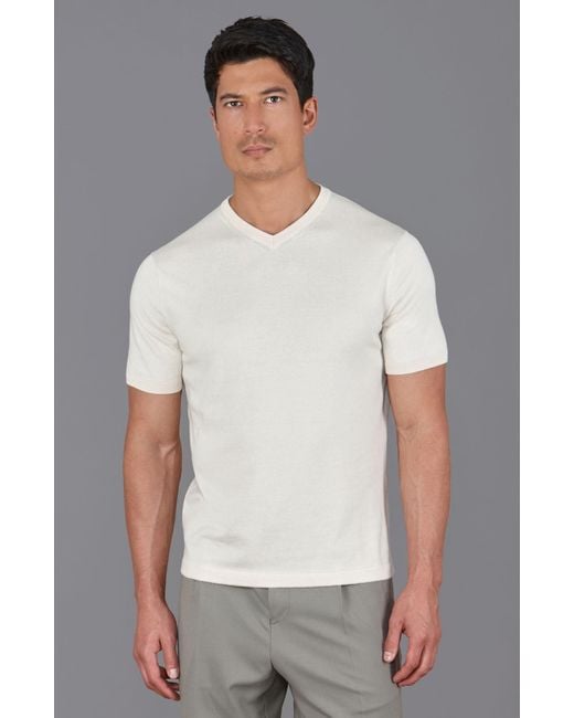Paul James Knitwear White Neutrals Ultra Fine Cotton Hudson High V Neck Knitted T-Shirt for men