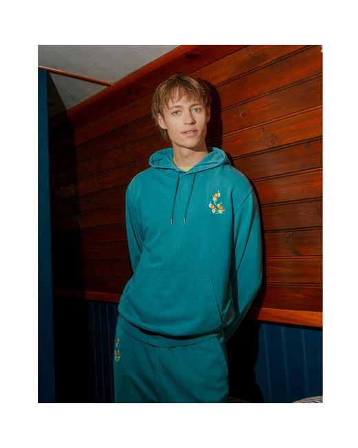 INGMARSON Blue Floral Embroidered Organic Cotton Hoodie for men