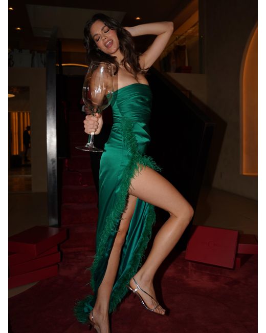 Miss Circle New York Green Perrin Emerald Feather Dress High Slit Gown