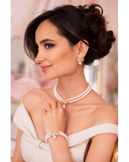 Santinni White Sissi Double Strand Pearl Bracelet With Bow