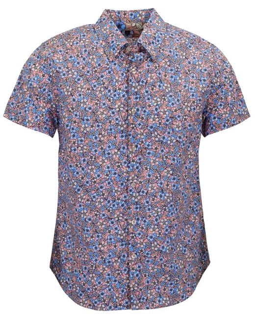 Lords of Harlech Blue Tim Floral Field Coral Printed Button Up Shirt for men