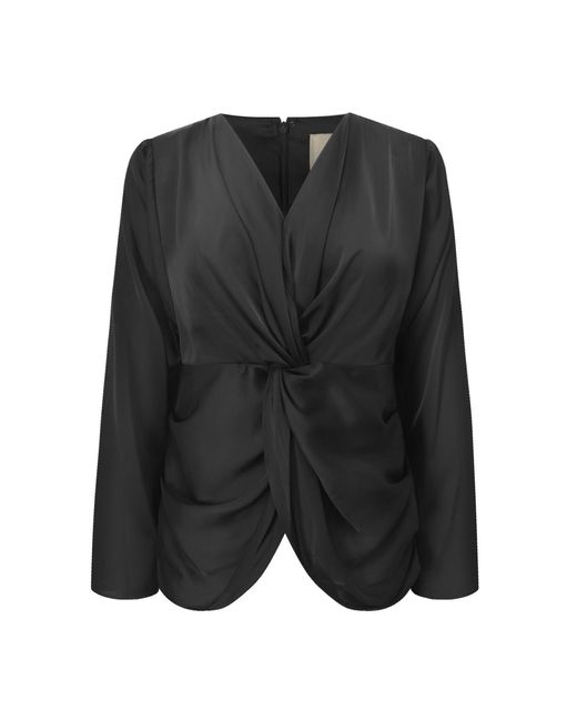 Smart and Joy Black Satin Blouse With Twisted Bow – Long Sleeves