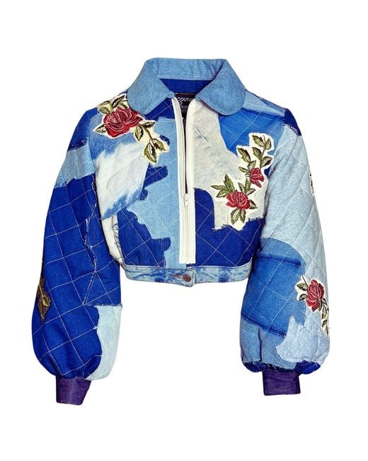 Couture to Your Door Blue Quilted Denim Avant Garde Bomber Jacket