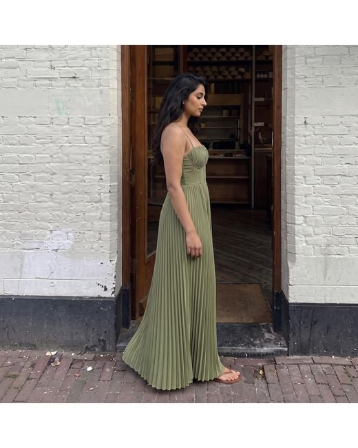 Modenaire Green Pleated Bustier Maxi Dress With Adjustable Straps And Smocked Back